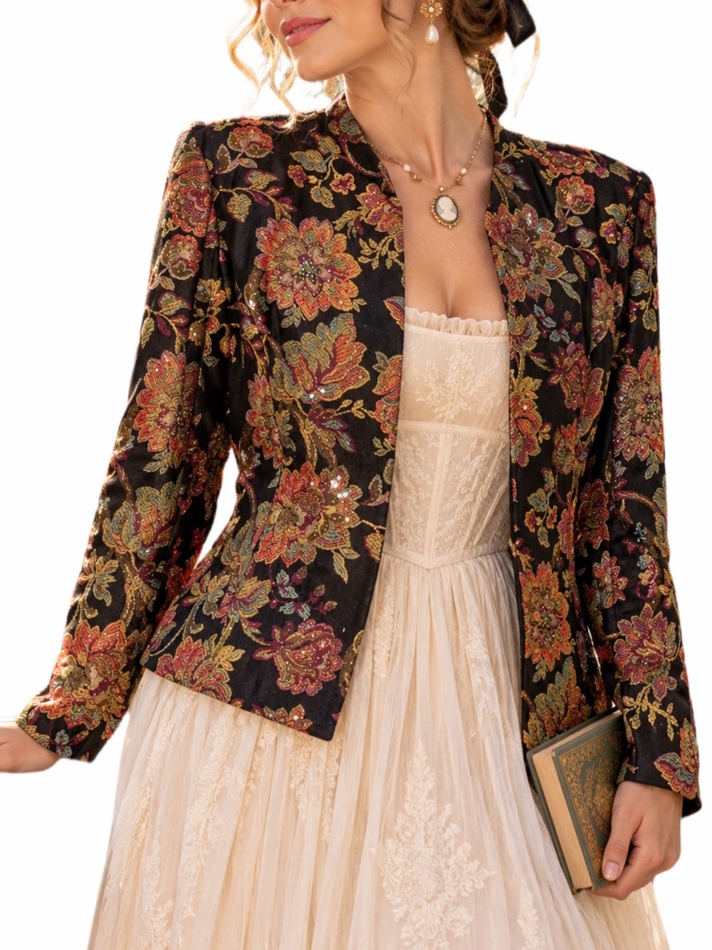 Sandra Darren Floral Embroidered Beaded Jacket Blazer Black Regencycore Size 24W